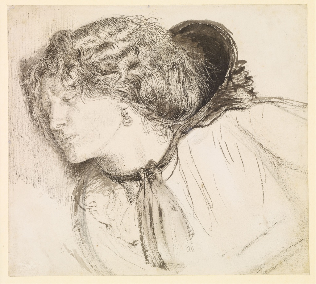 Dante Gabriel Rossetti, Found - Study for the Head of the Girl, 1859-1861, black pen and ink with scratching out, and black and grey wash, on paper; 17.5 x 19.4 cm. Birmingham Museum and Art Gallery