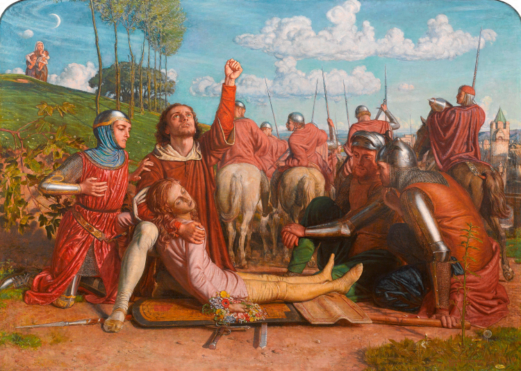 William Holman Hunt, Rienzi vowing to obtain justice for the death of his young brother, slain in a skirmish between the Colonna and the Orsini factions, 1848-1849, oil on canvas, 86.3 x 122 cm. Private collection