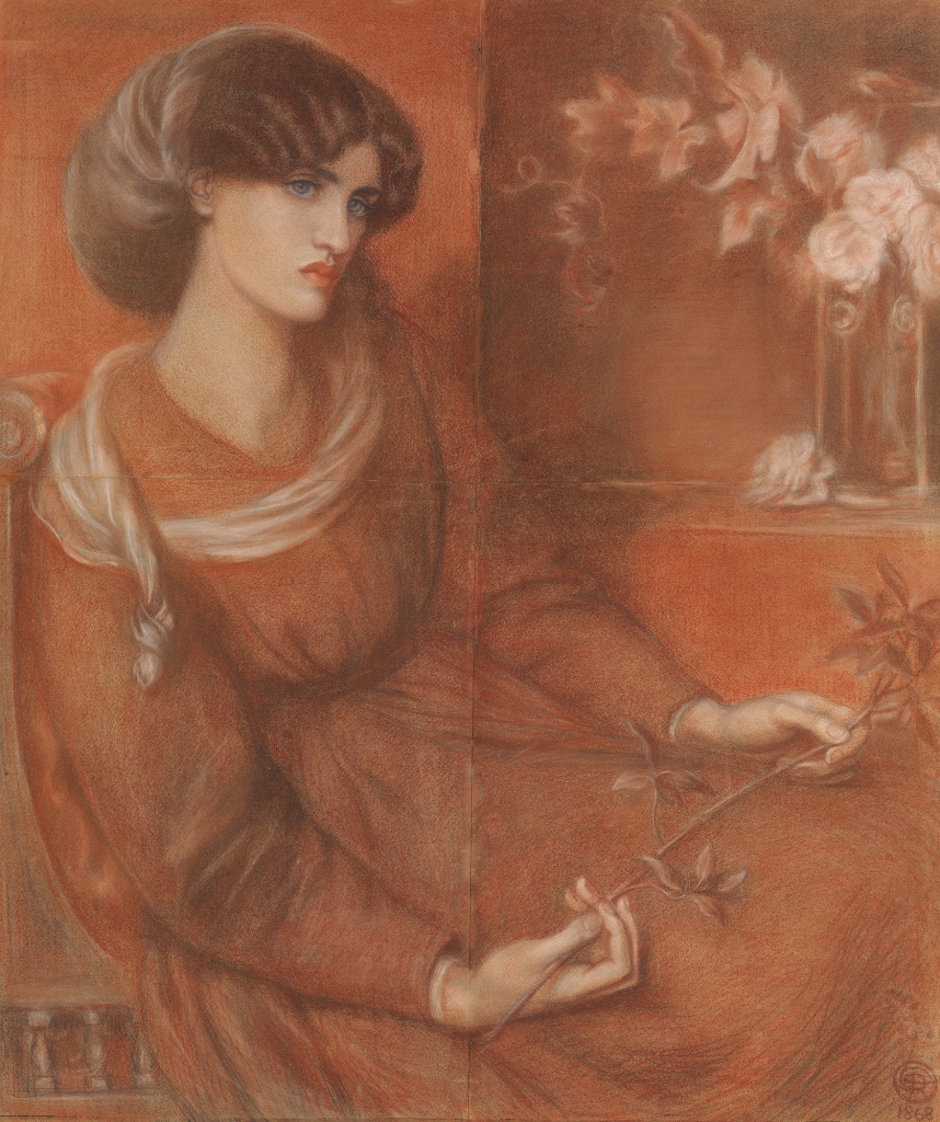 Dante Gabriel Rossetti, Jane Morris: Study for "Mariana", 1868, red, brown, off-white and black chalk on tan paper; four sheets butt-joined, 90.8 x 78.1 cm. The Metropolitan Museum of Art