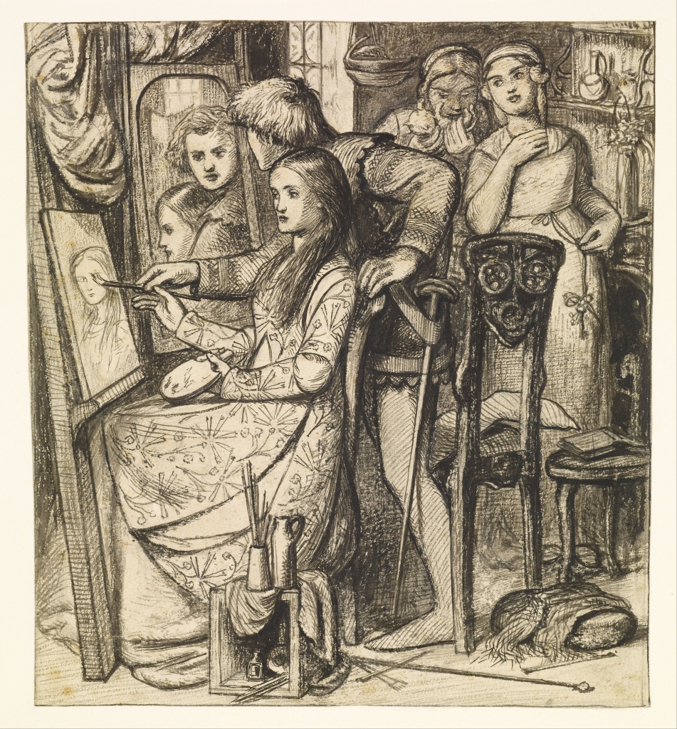 Dante Gabriel Rossetti, Love's Mirror, 1850-1852, black pen and ink over pencil, with ink wash, on paper, 19.5 x 17.5 cm. Birmingham Museum and Art Gallery