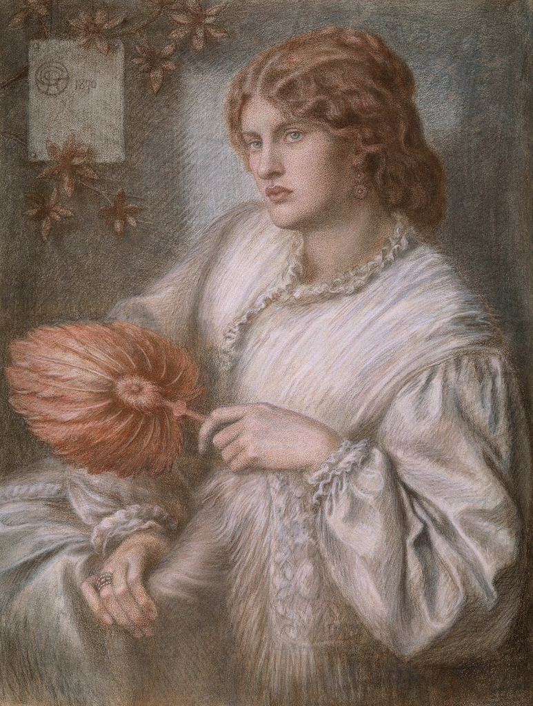 Dante Gabriel Rossetti, Portrait of Woman with a Fan, 1870, brown, white and black chalk on two sheets of paper, 96 x 71 cm. Birmingham Museum and Art Gallery